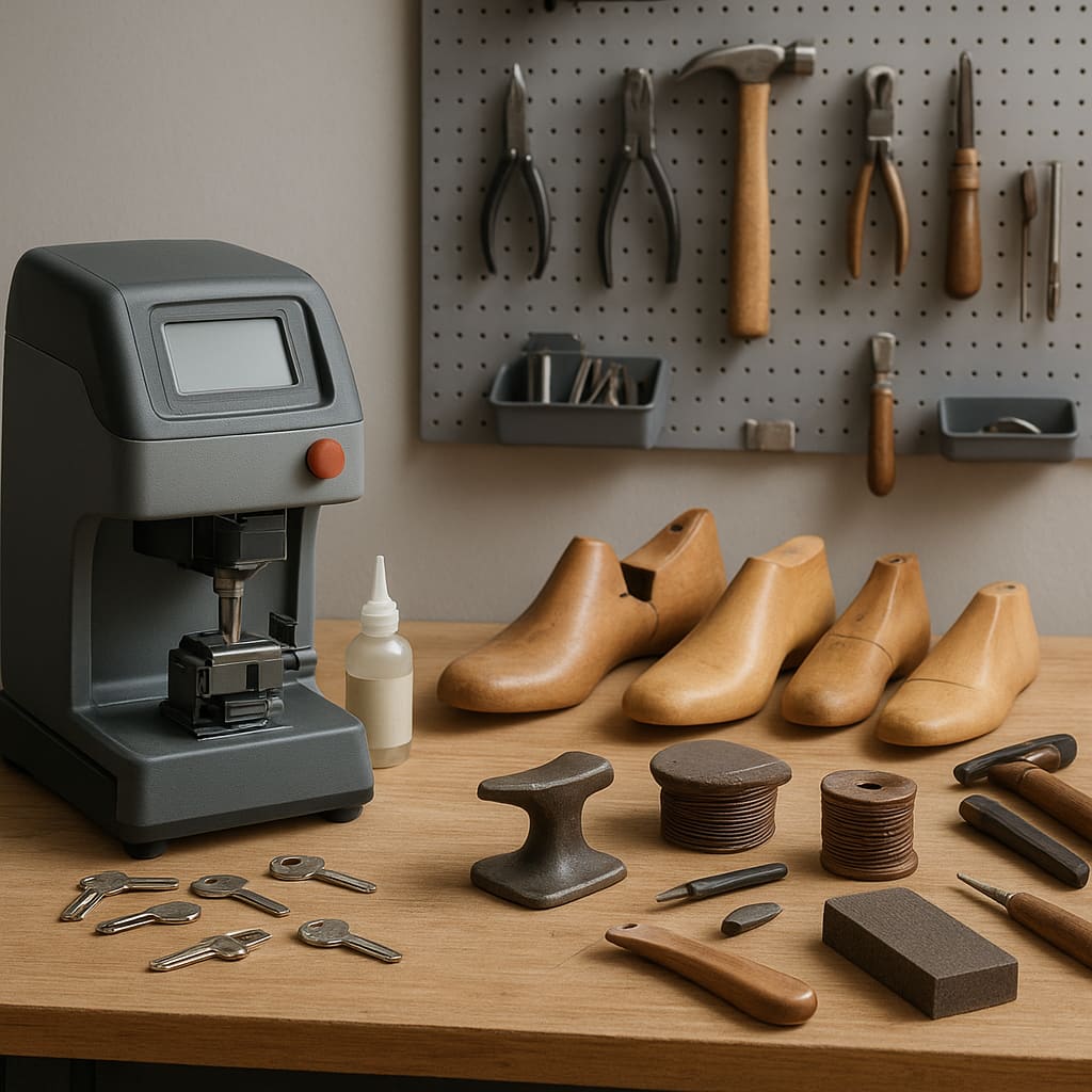 Werkbank mit Schlüsselschneidemaschine und Schuhreparatur-Werkzeug