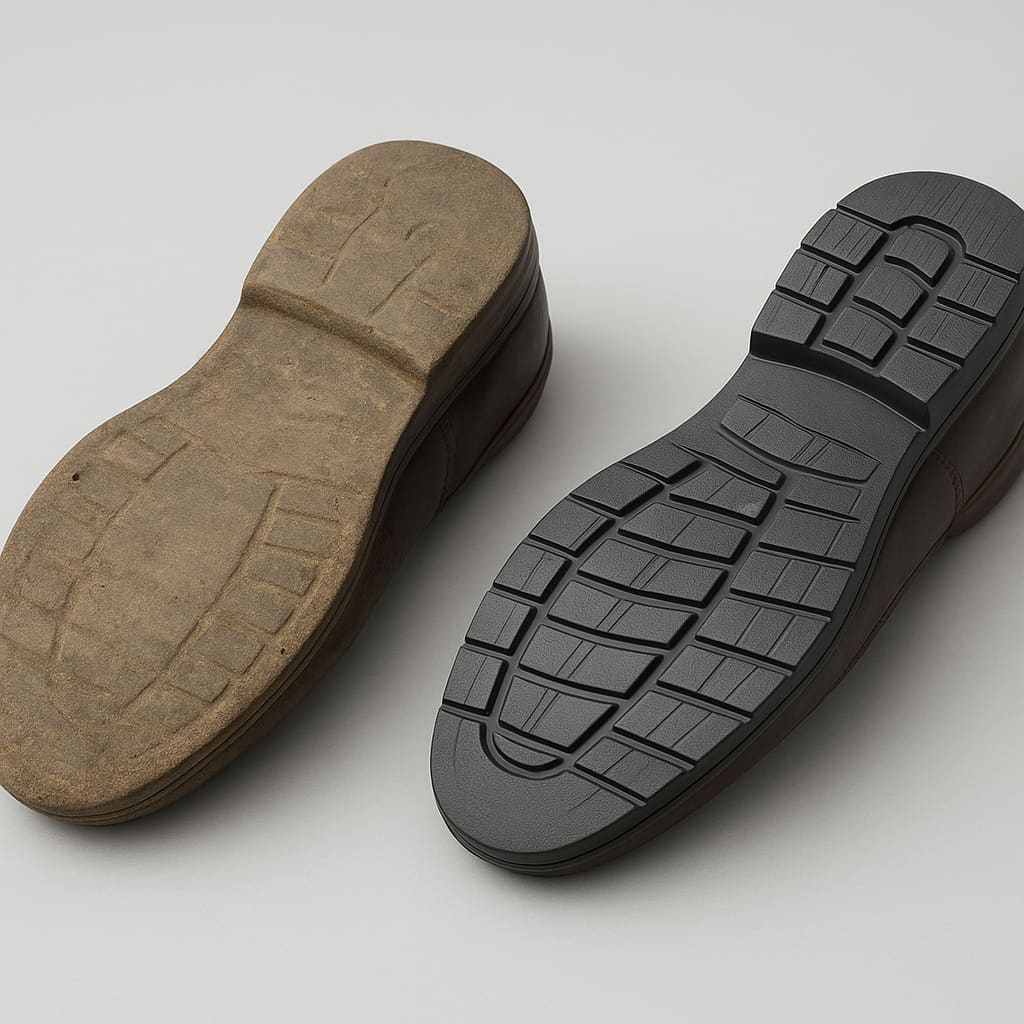 Vergleich einer alten und ersetzten Schuhsohle